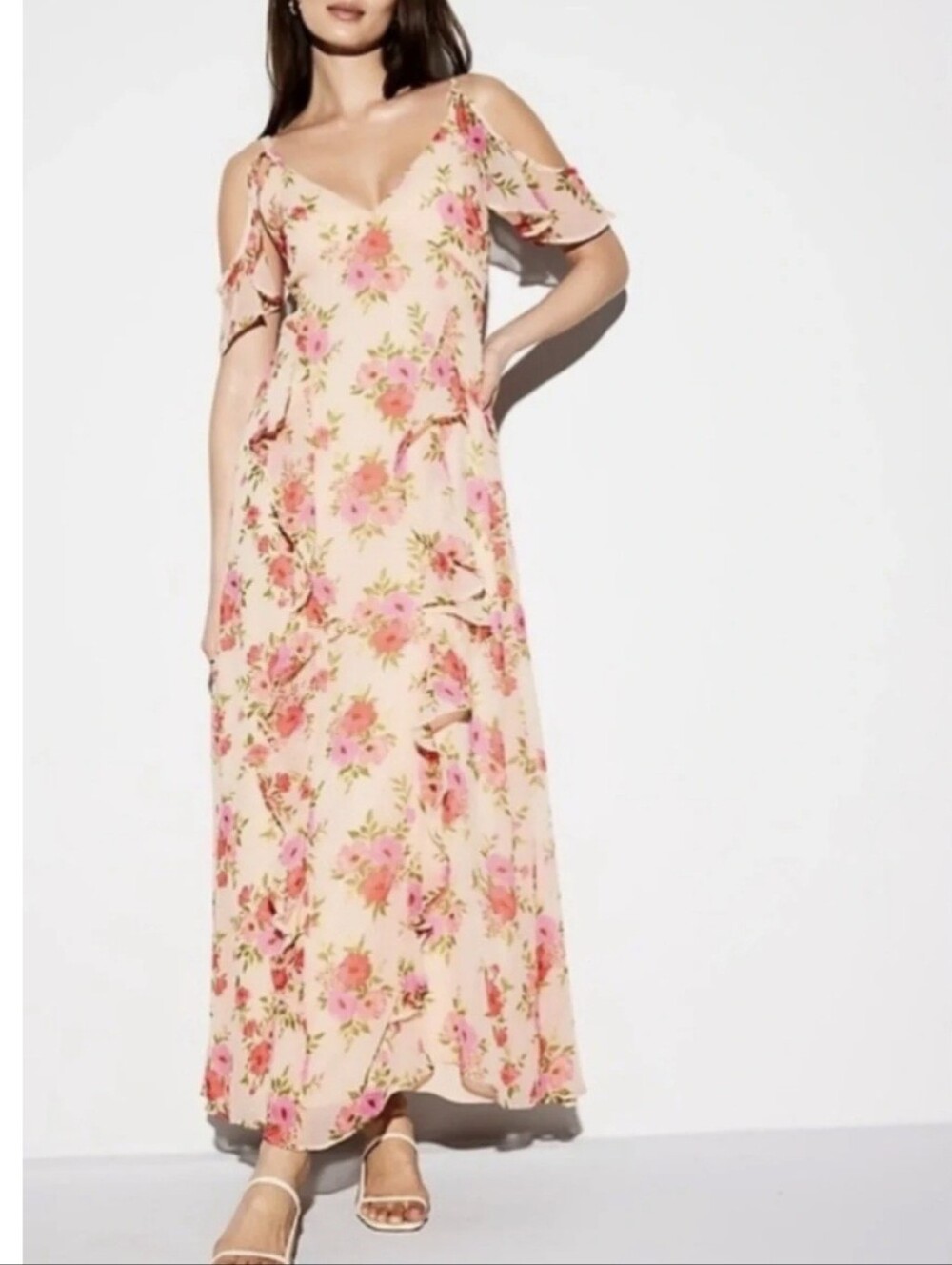 Old Navy Pink Floral Cold-Shoulder Maxi Dress